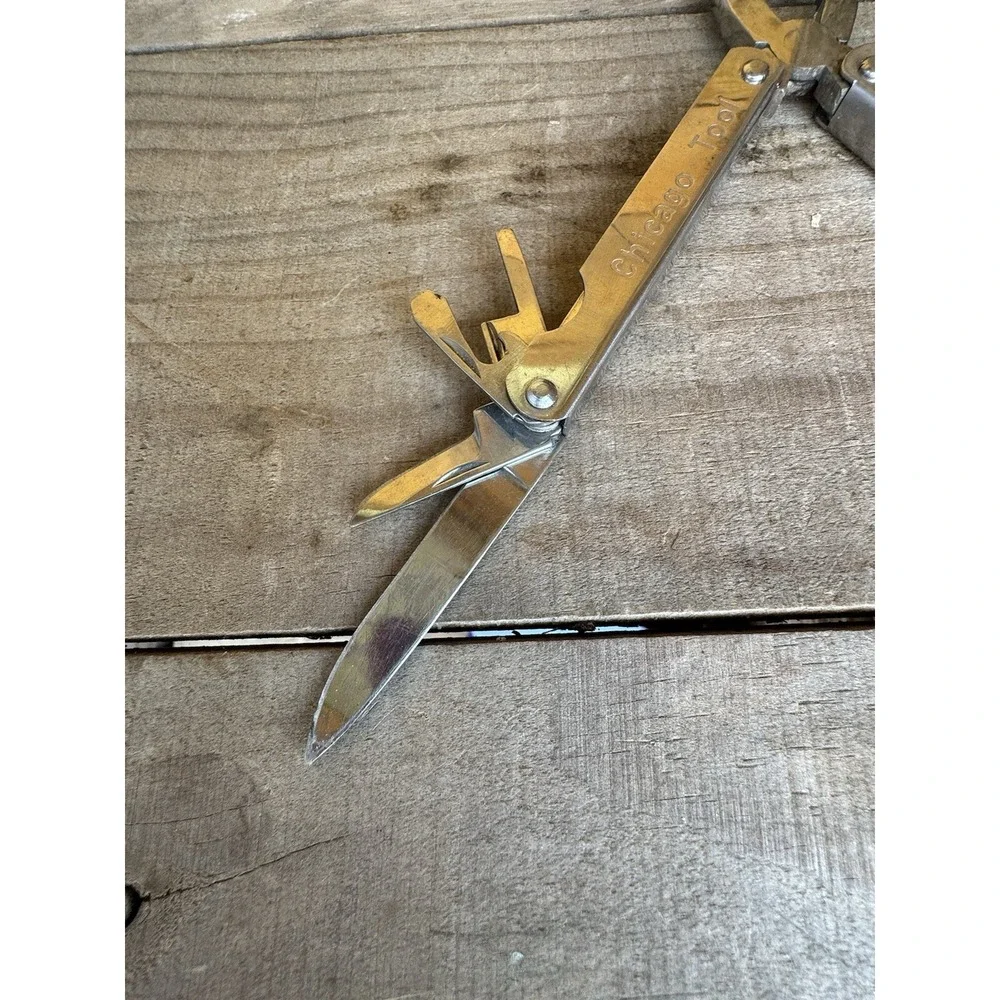 Vintage Chicago Tool‎ Chrome Multitool. With Case Pliers, Knife & Accessories
